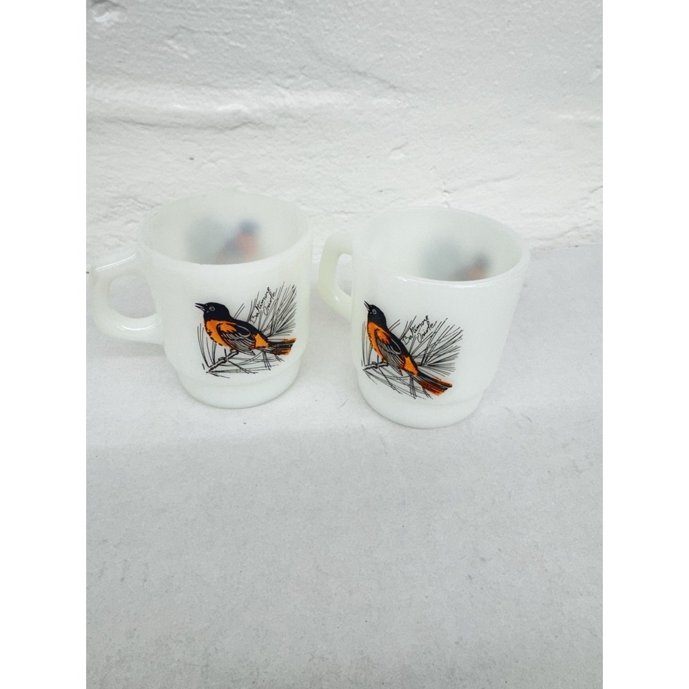 2 Vintage Fireking Baltimore Oriole Birds Stackable Mug Collectible Glass